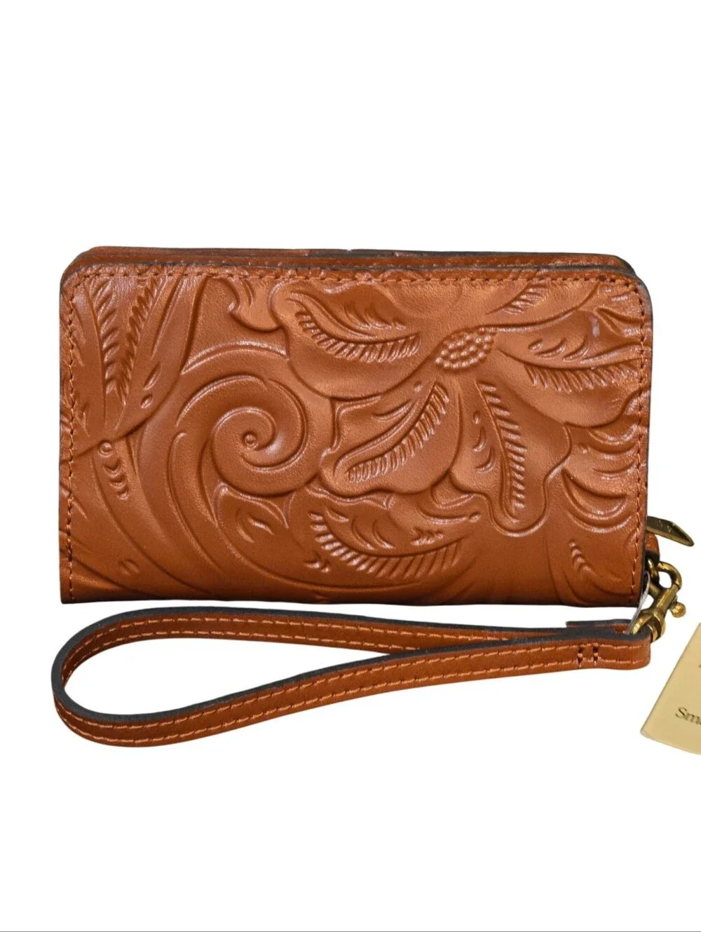 Patricia Nash Embossed Leather Wristlet Wallet in Cognac